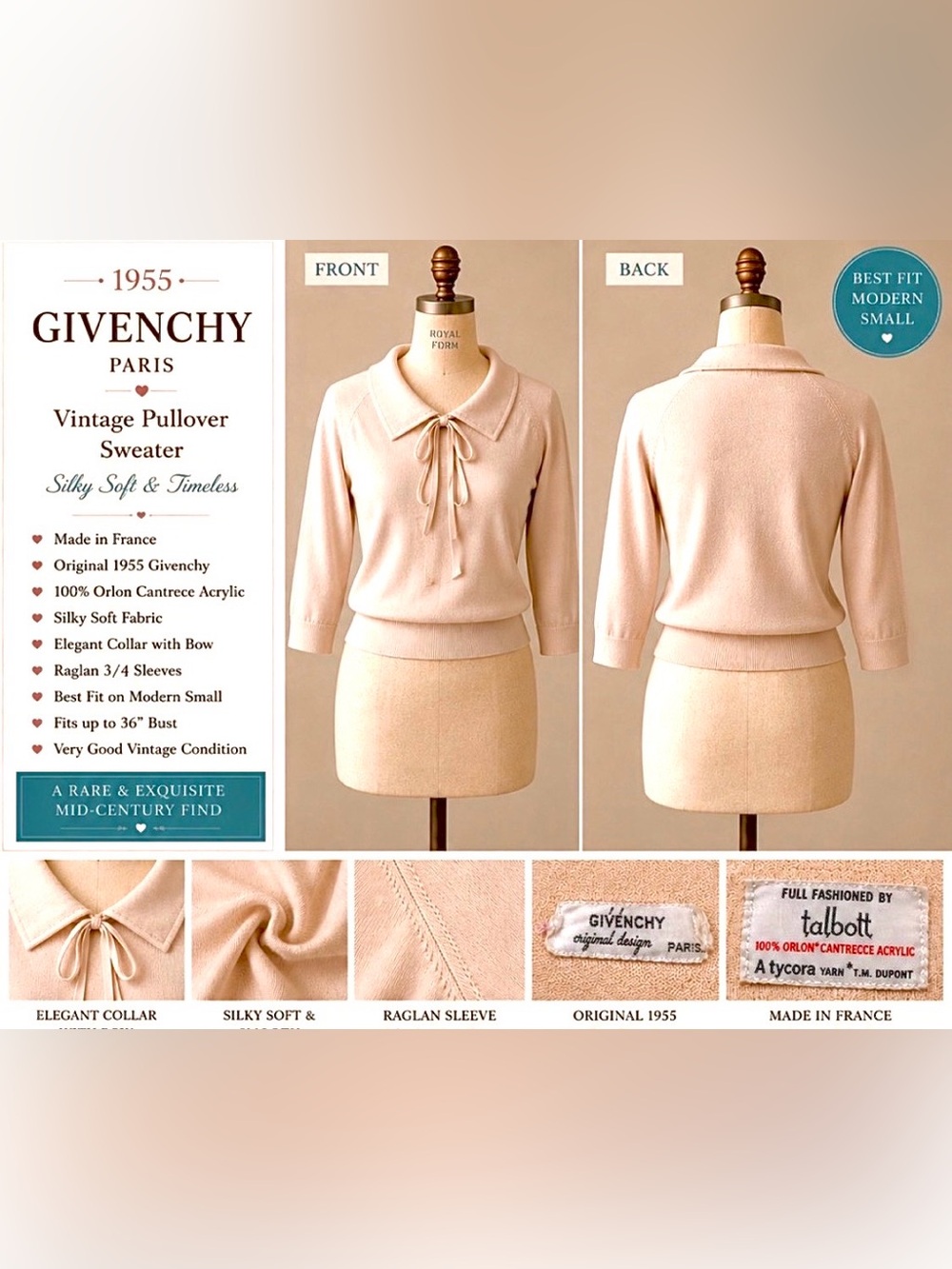 Givenchy -authentic 1950s vintage- Light Beige/Cream -Tie-Neck Pullover Sweater